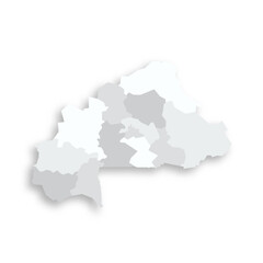  Burkina Faso political map of administrative divisions - regions. Grey blank flat vector map with dropped shadow.