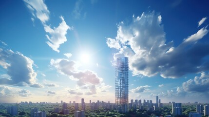 Wall Mural - Photorealistic Tall building and behind it a beautiful and sky