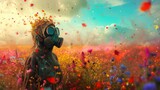 Fototapeta Natura - A person wearing gas mask in wild field in Spring.