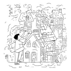  Hand drawn vector illustration of a boy painting a house in the city.