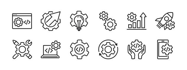 Business and development technology thin line icon set. Containing progress, coding, programming, process, build, release, startup, maintenance, idea, gear settings. Vector illustration