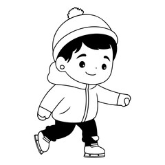 Sticker - Cute little boy skating on ice in cartoon style.