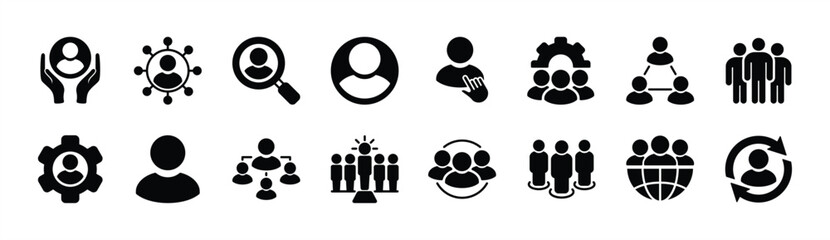 Human resource icon set. Containing leadership, people, employee, manager, teamwork, partnership, recruitment, group, organisation, global connection business management. Vector illustration