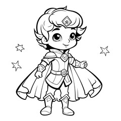  Black and White Cartoon Illustration of Cute Superhero Boy Character for Coloring Book