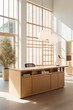 A light wooden reception desk, Japandi style, located in an open space office with large windows, hanging pendant lights, design minimalist and modern, soft pastel tones, fresh atmosphere