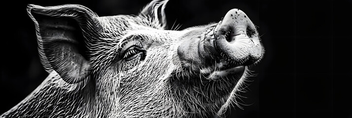 Wall Mural - a black and white photo of a pig's face with its nose to the side of the pig's head.