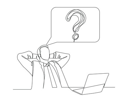 Continuous single line sketch drawing of thinking man with questions mark speech bubble. One line art of business man thinking idea. Vector illustration	