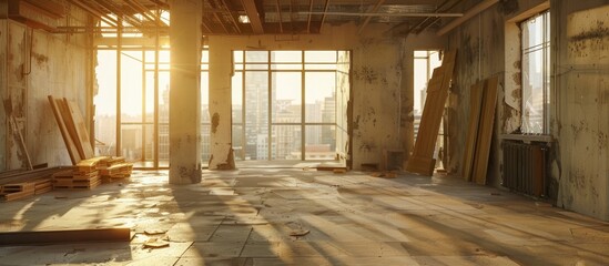 Wall Mural - Interior of a spacious room with ample wooden elements and several large windows providing natural light