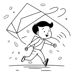 Sticker - Cute boy running with a kite in cartoon style.