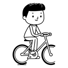 Sticker - Boy riding a bicycle in cartoon style on white background.