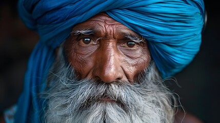 A portrait of an old Indian man with a blue turban and long beard
