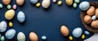 A blue background with basket eggs and a blue egg with a yellow stripe
