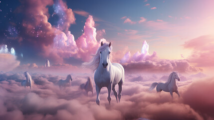 white horses in a pink landscape made of clouds, fantasy