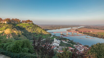 Poster - Panorama showing the Castle of Almourol on hill in Santarem aerial timelapse. Portugal