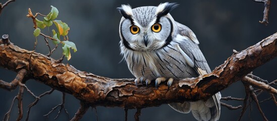 Wall Mural - A bird with white and gray feathers, known as an owl, is calmly sitting on a sturdy branch in its natural habitat