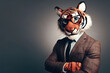 tiger wearing glasses and suit is posing for photo anthropomorphic
