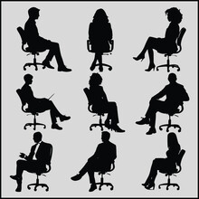 Silhouettes Of Business People Sitting, Men And Women Sit On Armchair, Office Chair With Laptop, Tablet, Front, Side View. Vector Illustration Isolated Black On White Background. Icons Set, Bundle