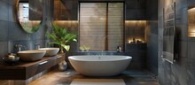 A Modern Bathroom Featuring A Large Bathtub And A Sink, With Elegant Fixtures And A Sleek Design