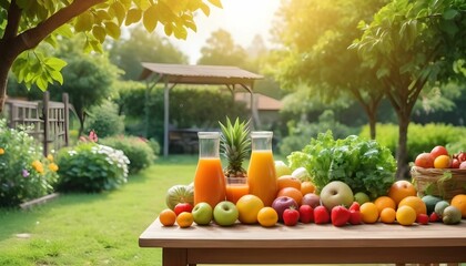 World food safety day having vegetables fruits juices on the table and side with fruit trees plants and and beautiful flowers behind a beautiful garden