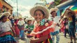 Smiling children dressed in colorful traditional Mexican outfits participate in a lively Cinco de Mayo street parade.