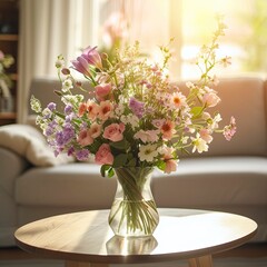 Spring flowers bouquet in vase on table in living room with morning sun ligh