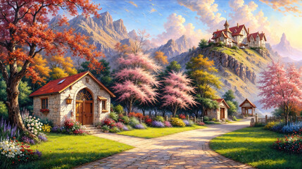 Wall Mural - Beautiful idyllic view, oil painting of trees covered with flowers with mountains in the background.