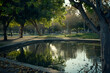 A serene image featuring an unfocused bokeh background of trees in a public garden.