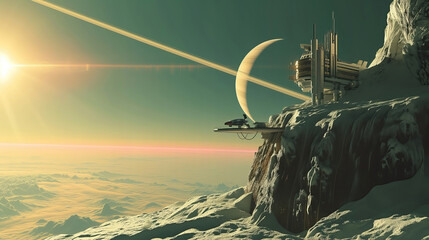Wall Mural - alien planet landscape with glowing sun and mountains with fantastic rocks formations 3d illustratio