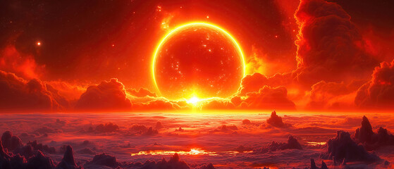 Wall Mural - alien planet landscape with glowing sun and mountains with fantastic rocks formations 3d illustratio