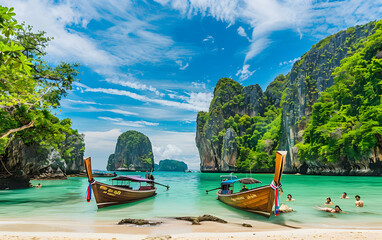 Panorama amazed nature scenic landscape Maya Bay with boat for traveler, Attraction famous popular place tourist travel Phuket Thailand beach summer vacation trips, Tourism beautiful destination Asia