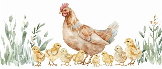 Rustic watercolor clipart of a hen with chicks, soft pastels, capturing a warm, maternal scene, isolate on white background. Ideal for homey vibes.