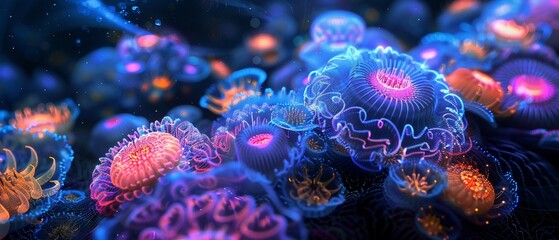 An array of bioluminescent organisms forming intricate patterns, representing the blend of biology and technology