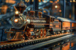 a toy train, in the style of grandeur of scale, is captured in a photographically detailed portrait on a dark night. the dark orange and light gray tones create a captivating contrast
