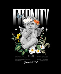 Wall Mural - eternity slogan with boy angel sitting in flower garden hand drawn vector illustration on black background