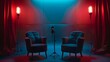 © Abbas - Two chairs and microphones set in a podcast or interview room, isolated on a dark background, forming a wide banner ideal for media conversations or podcast streamers.