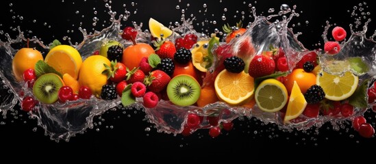 Poster - Assorted fruits such as orange, lemon, and strawberry creating splashes as they drop into transparent water with a gradient blue background