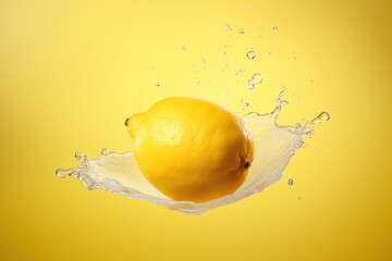 Wall Mural - Fresh juicy lemon in splashes of water on a yellow background