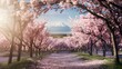 A scenic view of cherry blossom trees in full bloom with the iconic Mount Fuji mountain in the distance, conveying a serene and breathtaking landscape