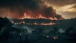 A devastating forest fire spreads rapidly with towering flames and thick smoke against an evening sky, highlighting the destructive power of such natural disasters