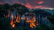 Intense orange flames consume a dense forest under a dramatic twilight sky, highlighting the devastating power and beauty of natural wildfires