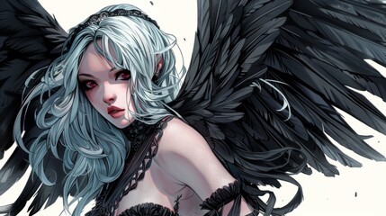 Close-up portrait of a dark angel in cartoon style