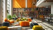 Contemporary high school library interior design with modern architecture and bookshelves, 3d render illustration