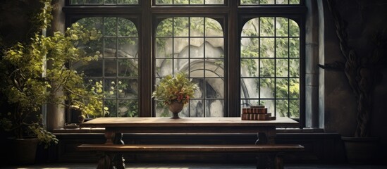 Sticker - A wooden bench is positioned in front of a glass window, offering a cozy spot to sit and enjoy the view indoors