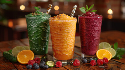 Wall Mural - Trio of colorful fruit smoothies garnished with fresh berries, displayed on a rustic wooden table.