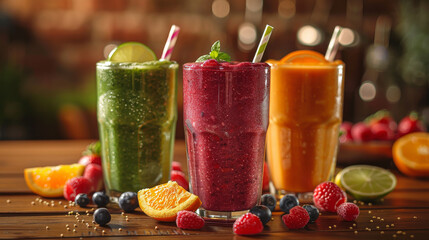 Wall Mural - Trio of colorful fruit smoothies garnished with fresh berries, displayed on a rustic wooden table.