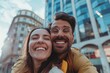 Happy smiling couple having fun together in city. People travel business happiness concept, Generative AI
