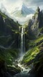 A big Waterfall coming down from a Green Mountain, A picture from Birds eyes