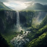 Fototapeta Natura - A big Waterfall coming down from a Green Mountain, A picture from Birds eyes