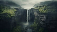 A Big Waterfall Coming Down From A Green Mountain, A Picture From Birds Eyes