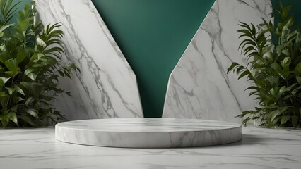 Wall Mural - Podium background 3D white marble stand display platform mockup. Stone podium scene summer background 3D render product stage presentation green pedestal plant rock leaf art abstract